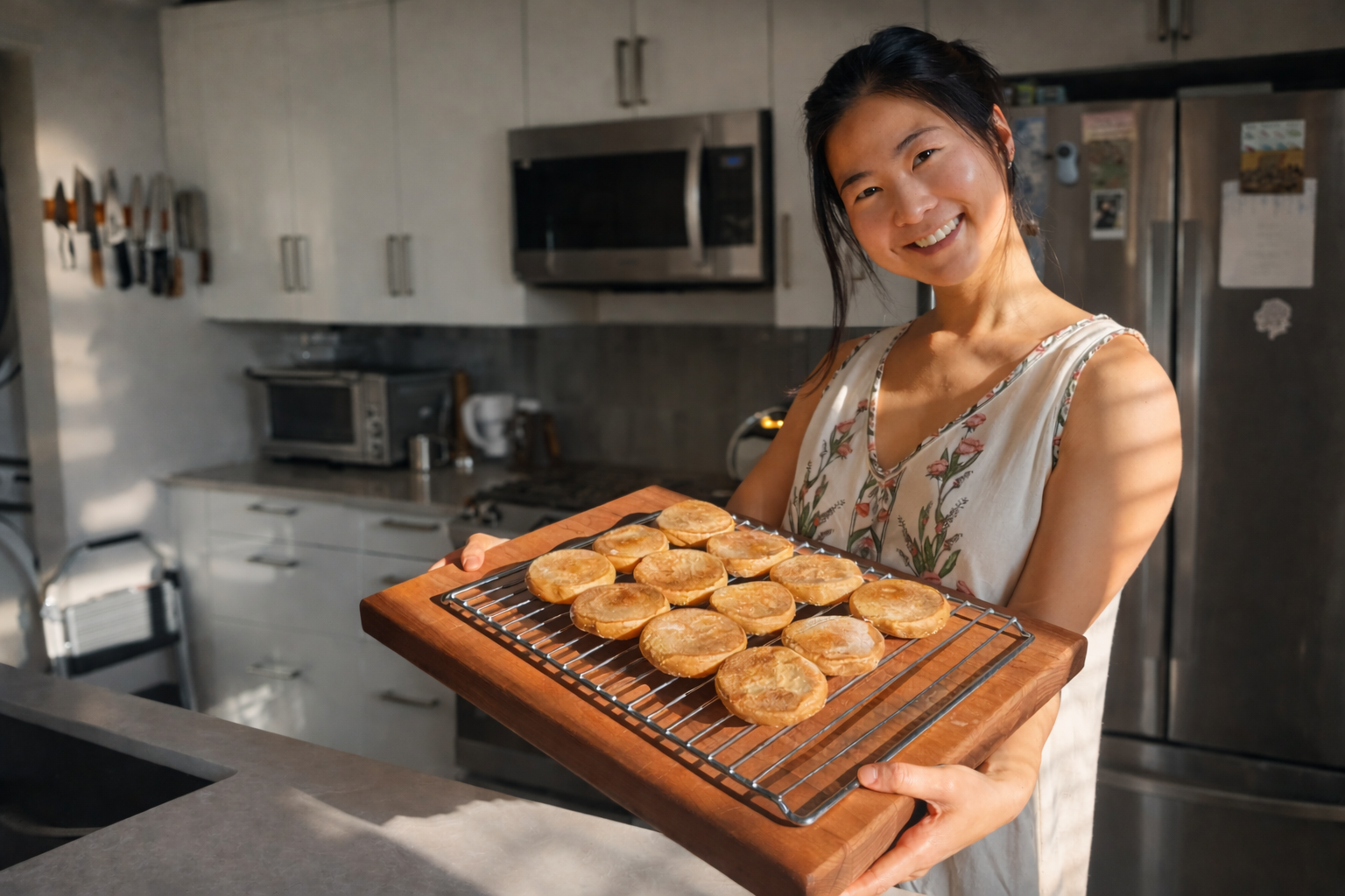 Jane smiling in her kitchen holding a cutting board of freshly baked pastries
